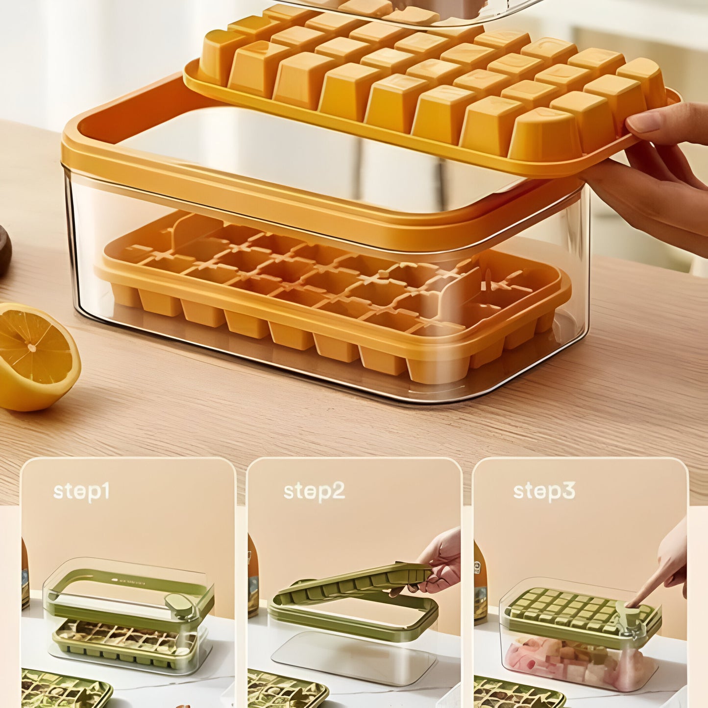 Silicone 2 Layer Ice Cube Trays With Storage Box & Ice Scoop